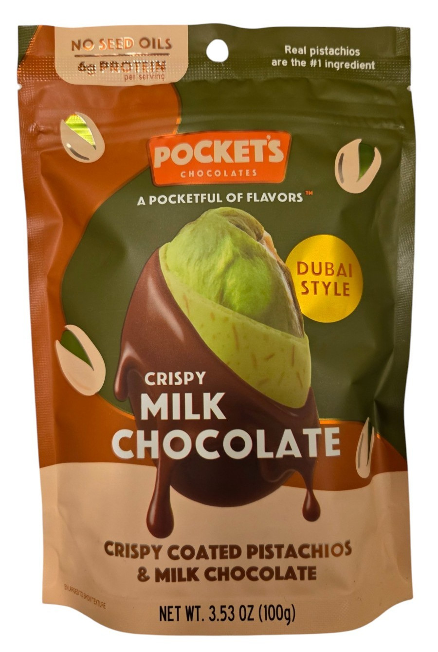 Pocket’s Chocolates 3.53oz Crispy MILK CHOCOLATE Pistachios DUBAI STYLE BB 12/26