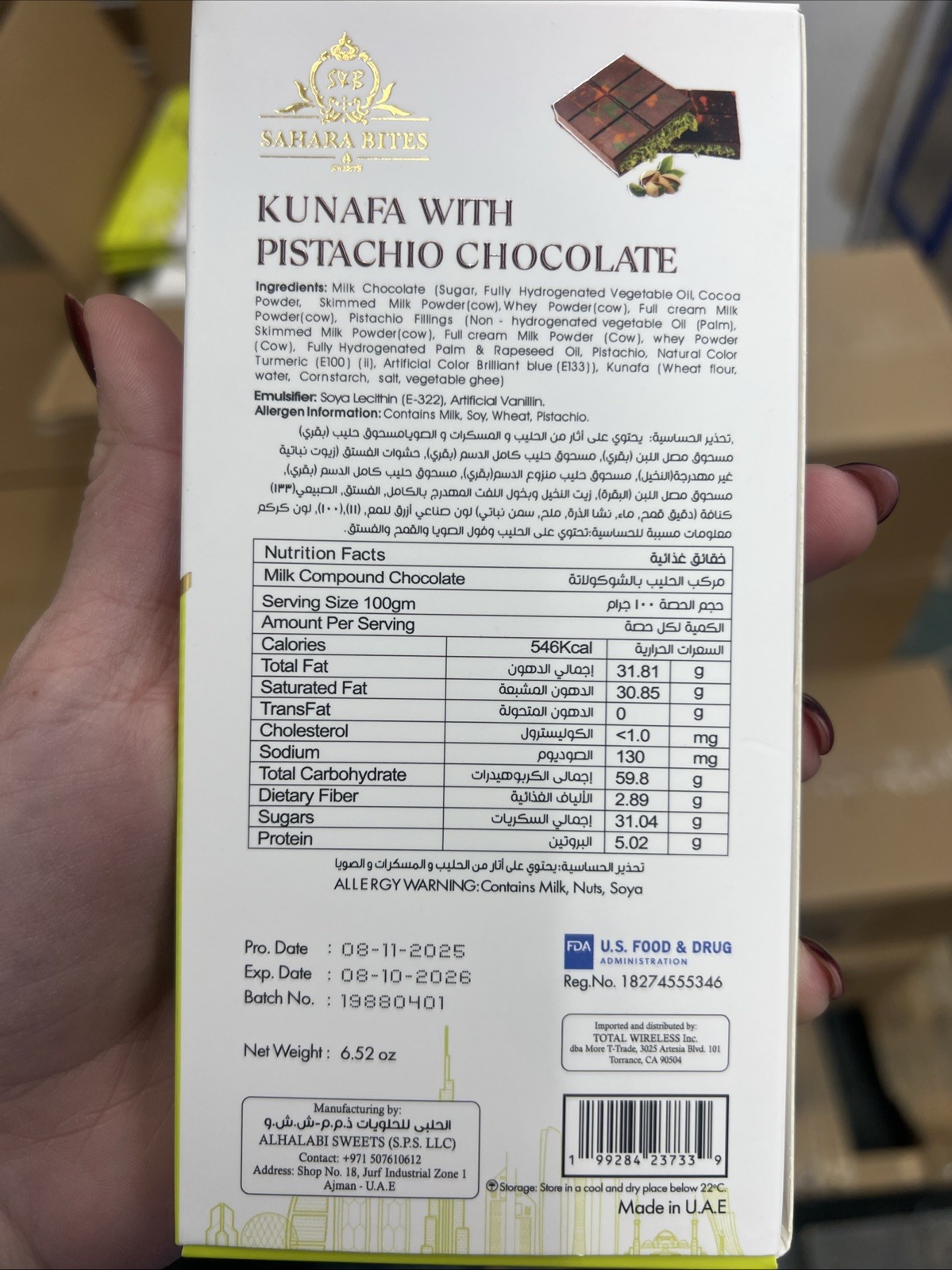 Sahara Bites DARK Premium Dubai Chocolate Kunafa with Pistachio 6.52OZ/185G NEW