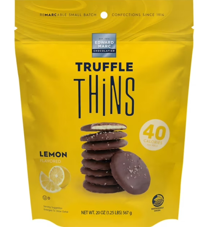 Edward Marc Lemon Truffle Thins Dark Chocolate & Lemon Filled Crisps 20 oz Bag
