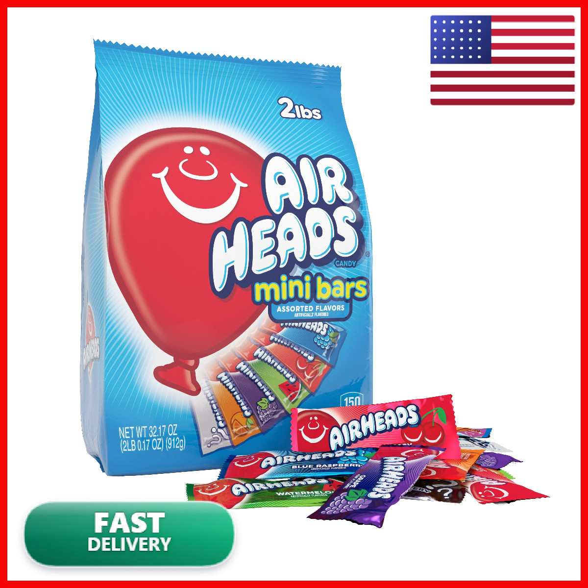 Airheads 80 Mini Bars Fun Taffy Candy Assorted Fruit Flavors 32.17Oz 912G Air