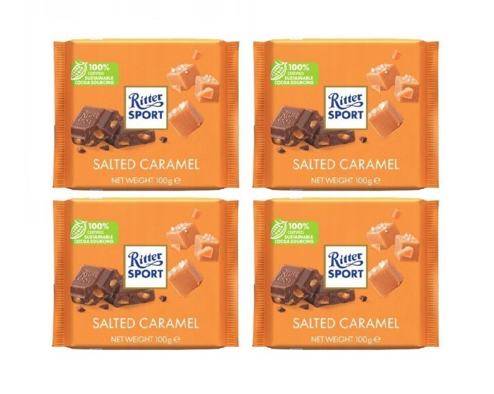 4Pcs RITTER SPORT Salted Caramel German Chocolate Bars Sweets 4x100g