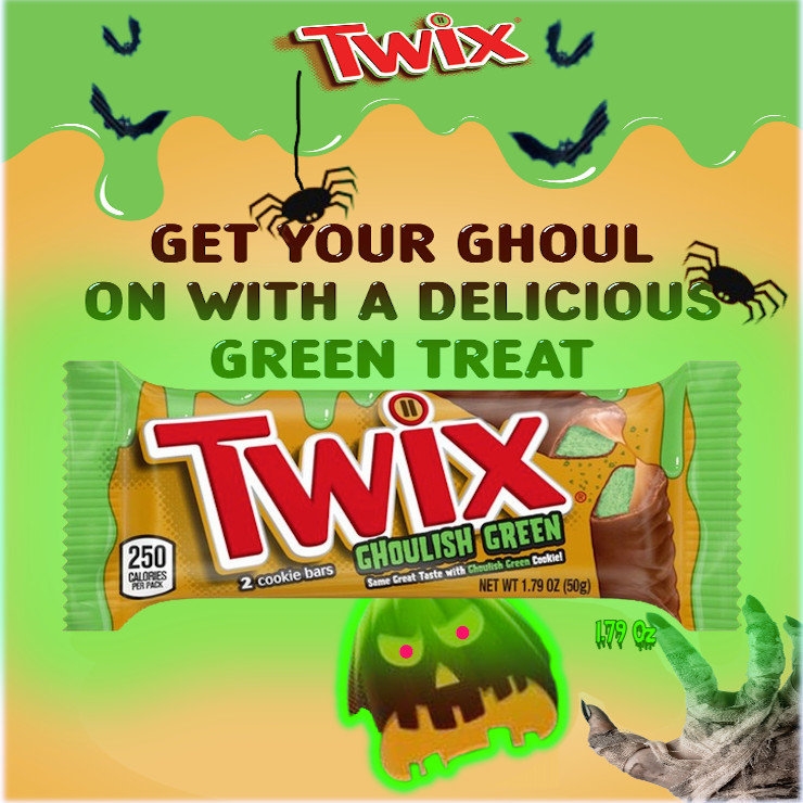 Twix👻Ghoulish Green Fun Full Size Howling Halloween Chocolate Cookie Bar 1.79oz