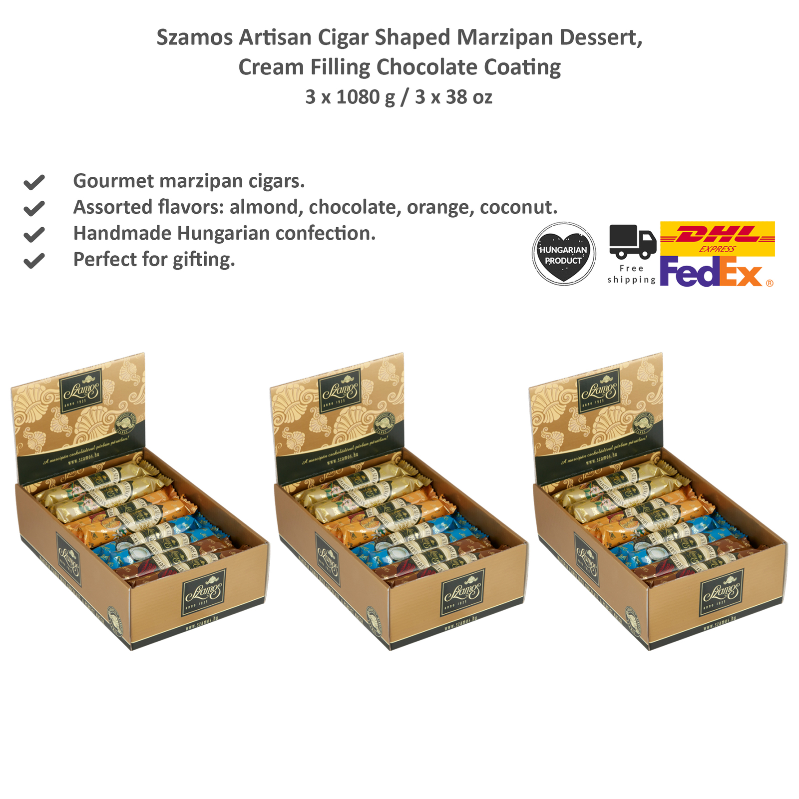 Szamos Marzipan Cigar Shaped Treats, Almond, Chocolate, Orange, Coconut 3x45gx24