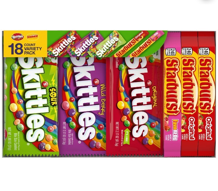 Mars Mixed Skittles & Starburst Variety Pack Gummy Candy Assortment -18 Bars Box