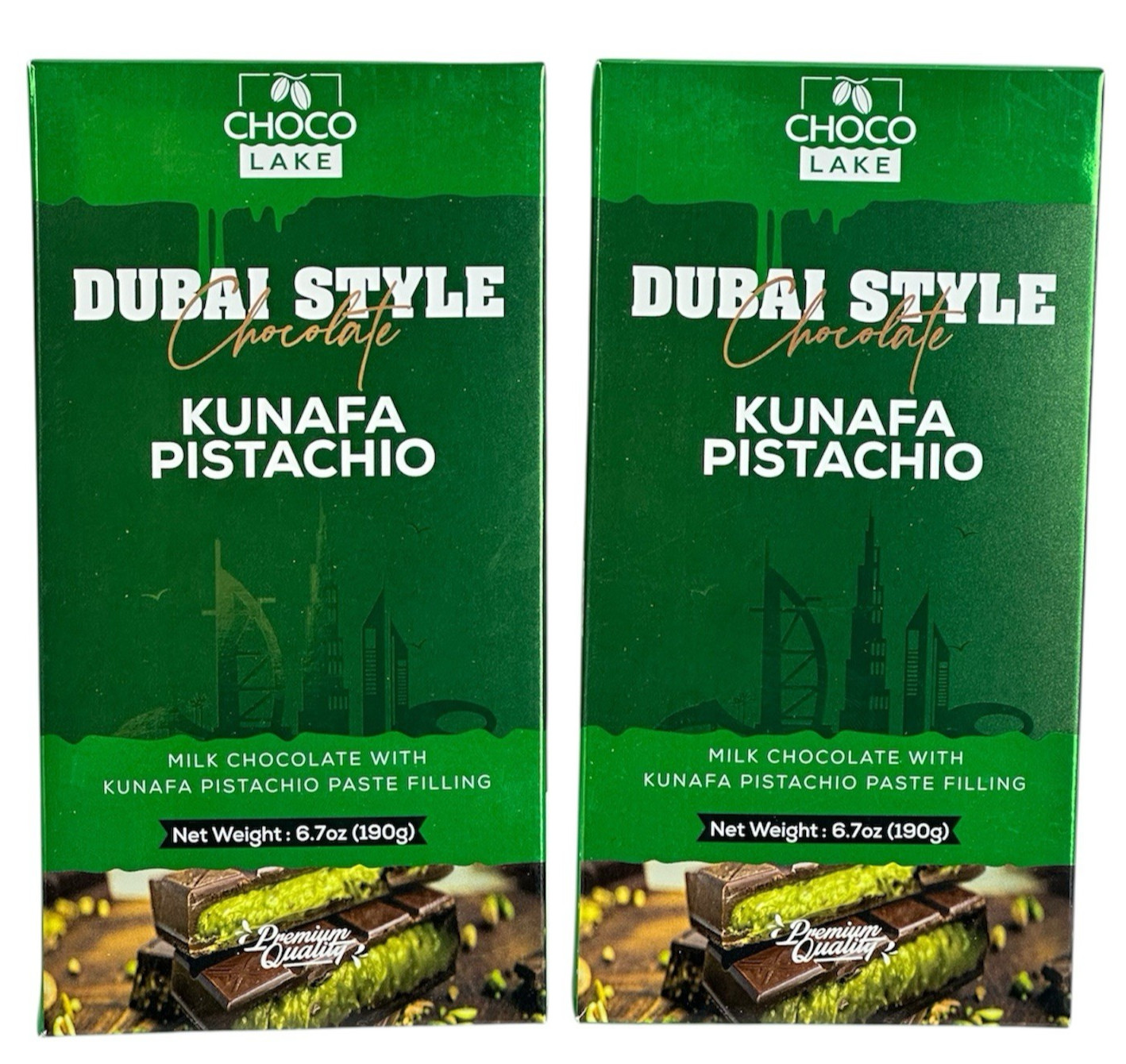2 Dubai Style Premium Milk Chocolate 6.7oz Bars Kunafa Pistachio LUXURY Sweets