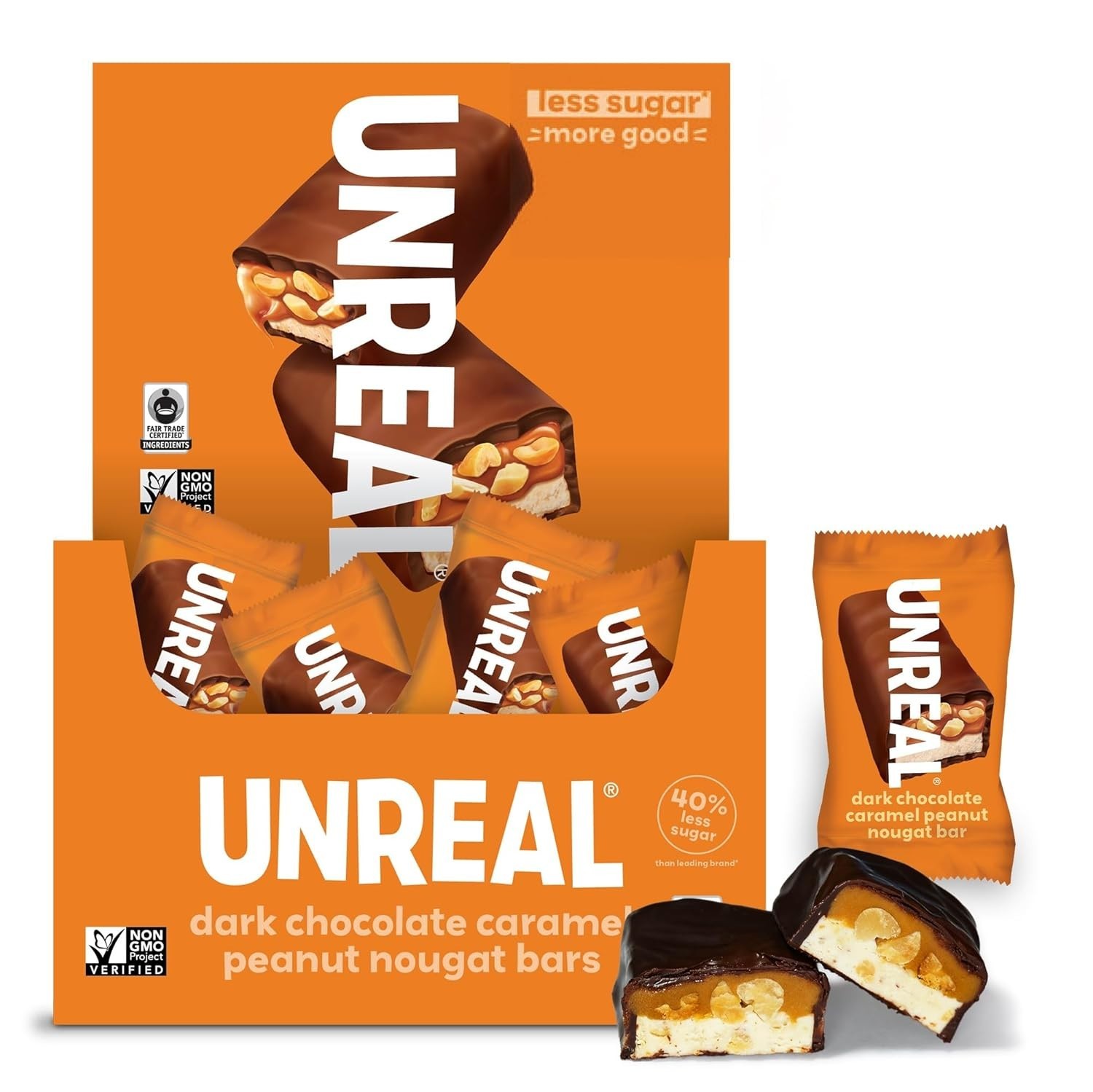 Unreal Dark Chocolate Caramel Peanut Nougat Bars, 30 Count