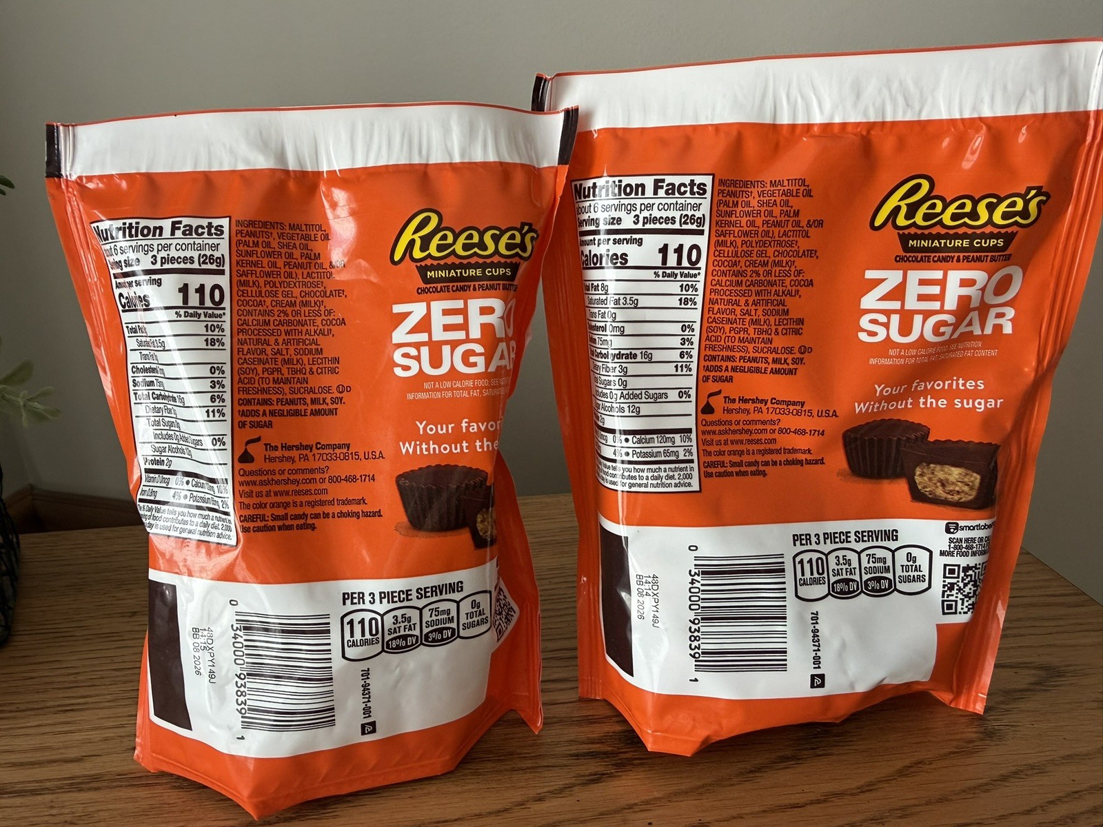 Two packs REESE’S Zero Sugar Miniatures Peanut Butter Cups 5.1oz Chocolate Candy