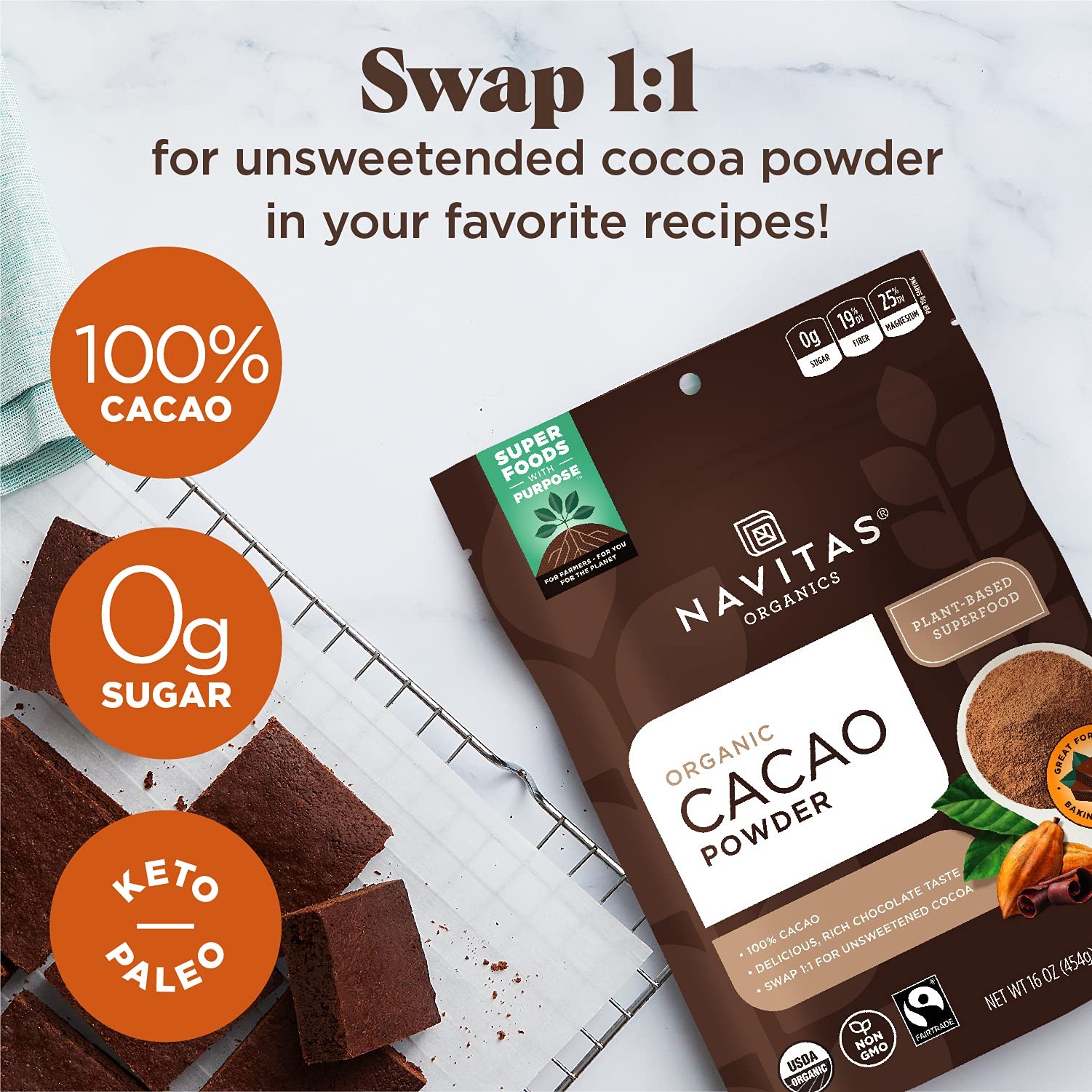 Cacao Powder, 16 oz. Bags (Pack of 2) — Organic, Non-GMO, Fair Trade, Gluten-…