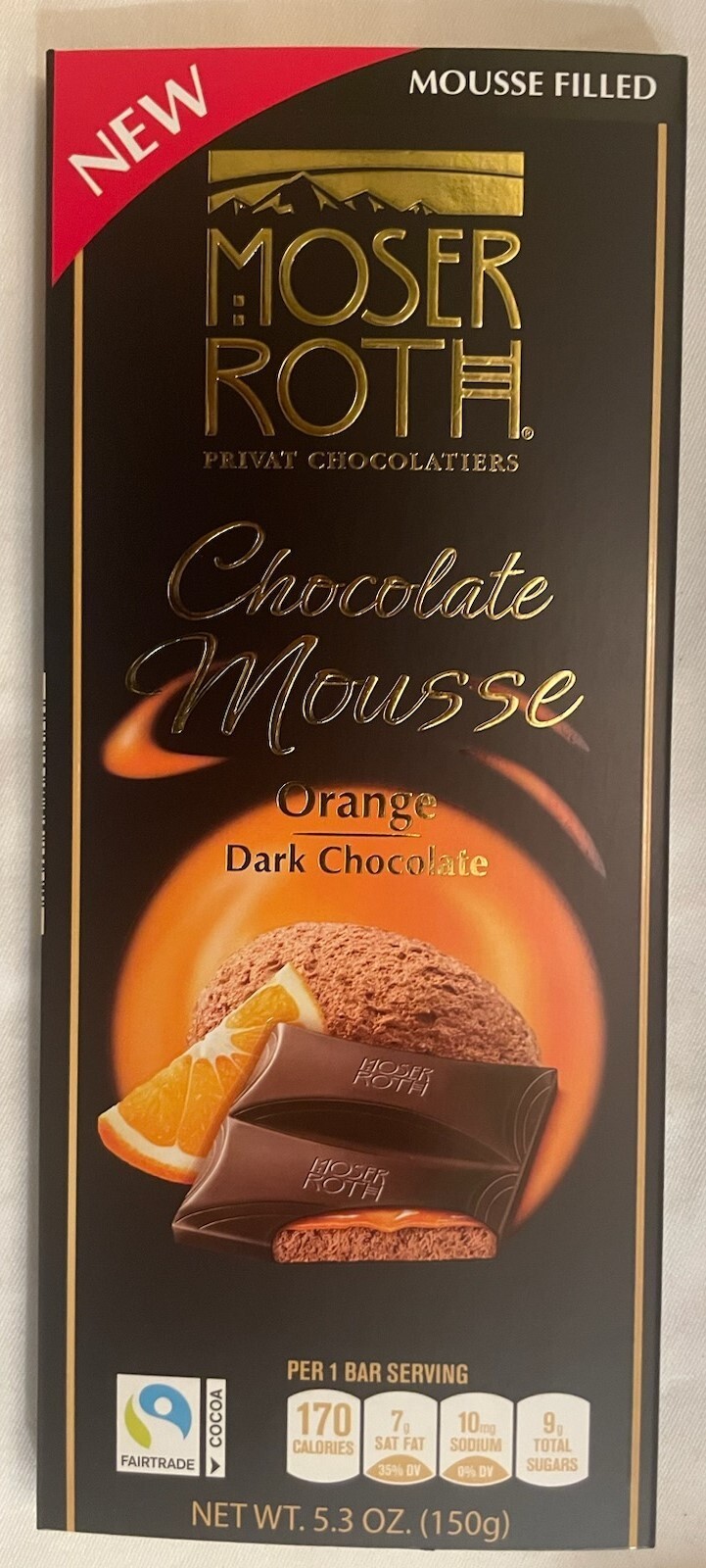 2 BARS MOSER ROTH MOUSSE FILLED DARK CHOCOLATE ORANGE 5.3 OZ EACH
