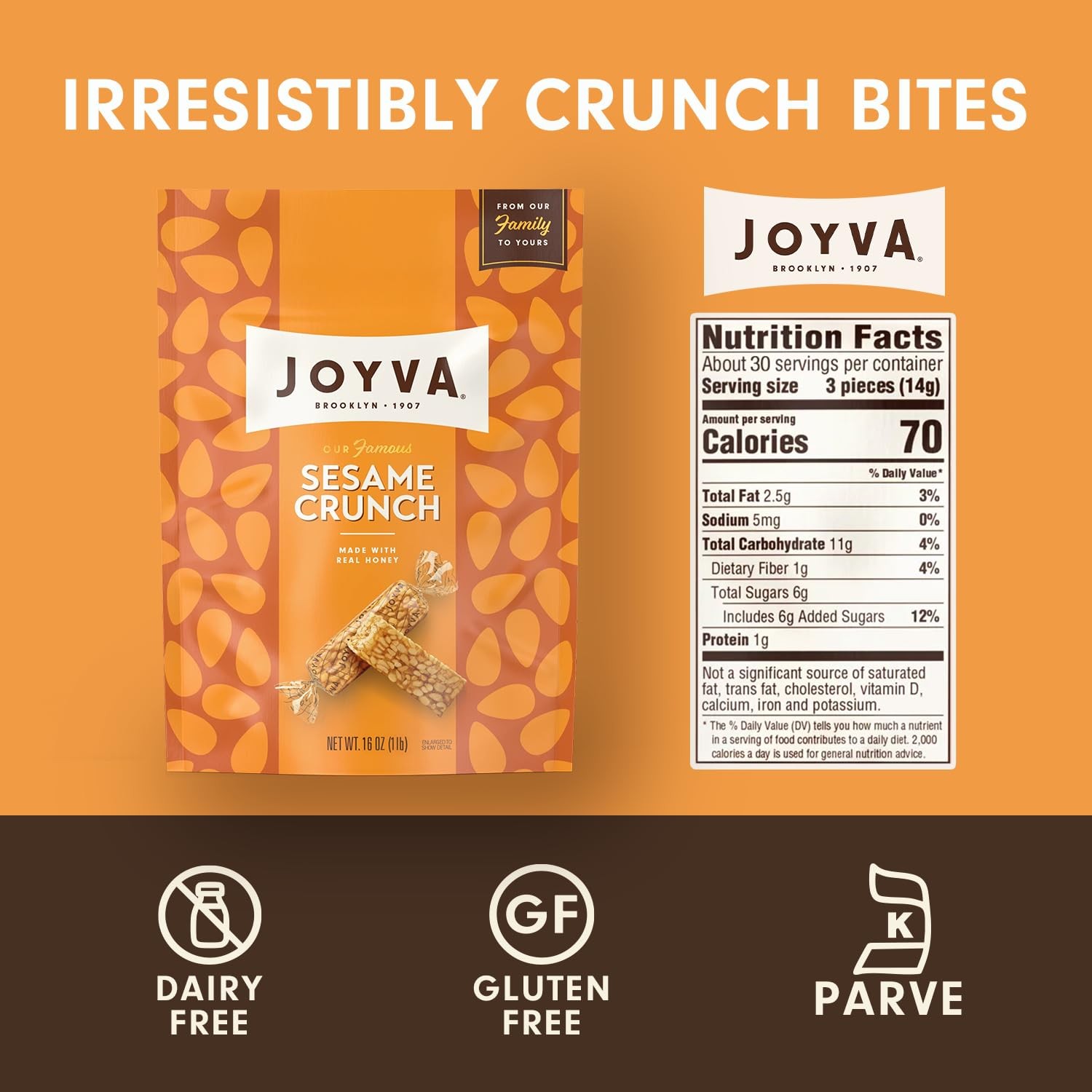Joyva Sesame Crunch, 16 oz (454g) Pouch | Individually Wrapped Honey Sesame Cand