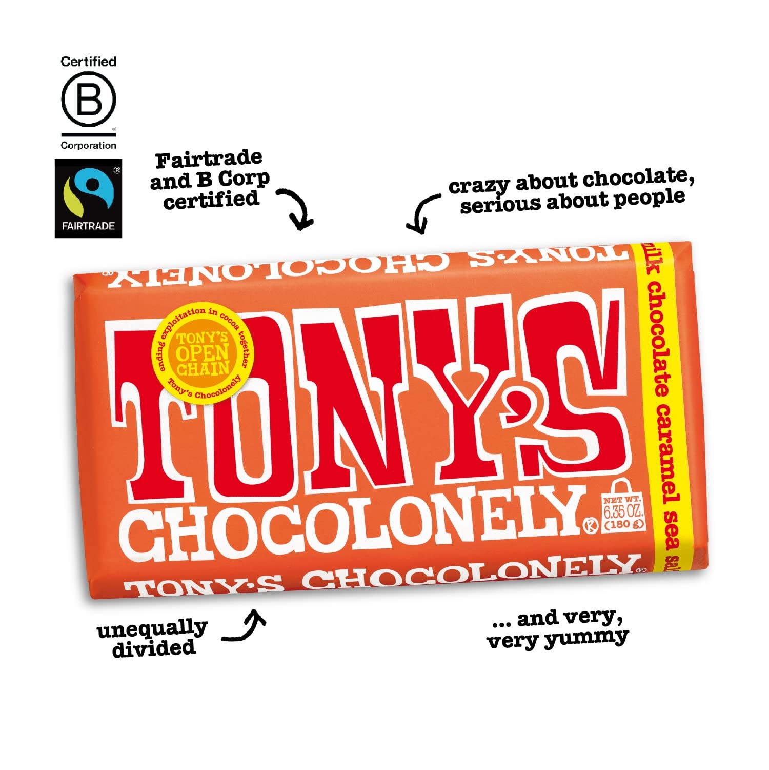 Tony’s Chocolonely Belgian Milk Chocolate Candy Bar With Caramel & Sea Salt, …