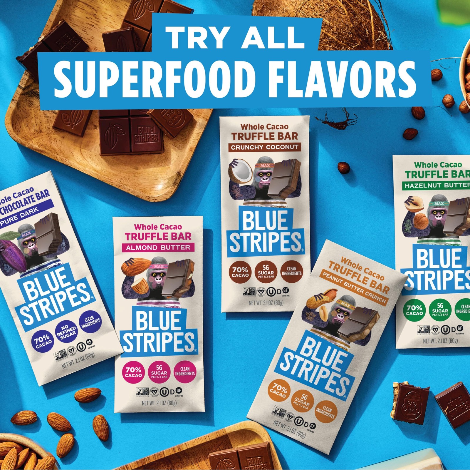 Blue Stripes Bar Whole Cacao Almond Butter 70% Cacao Lot Of 12 Bars EXP 12/02/26