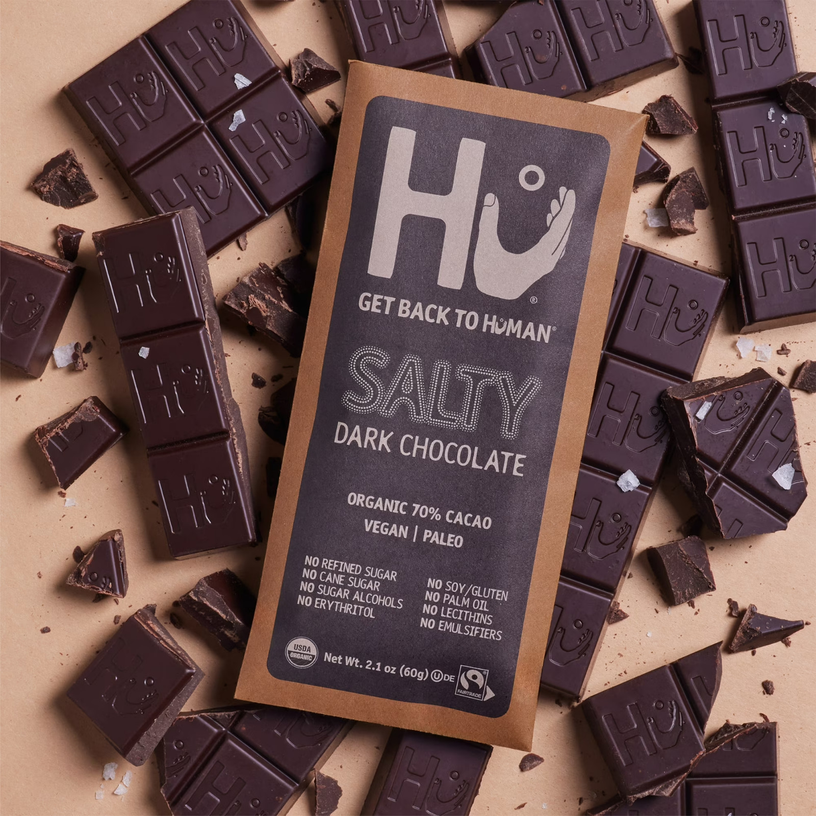 2 Pack Salty Dark Chocolate Bar, Organic 70% Cacao, Vegan & Paleo, 2.1 oz Bars