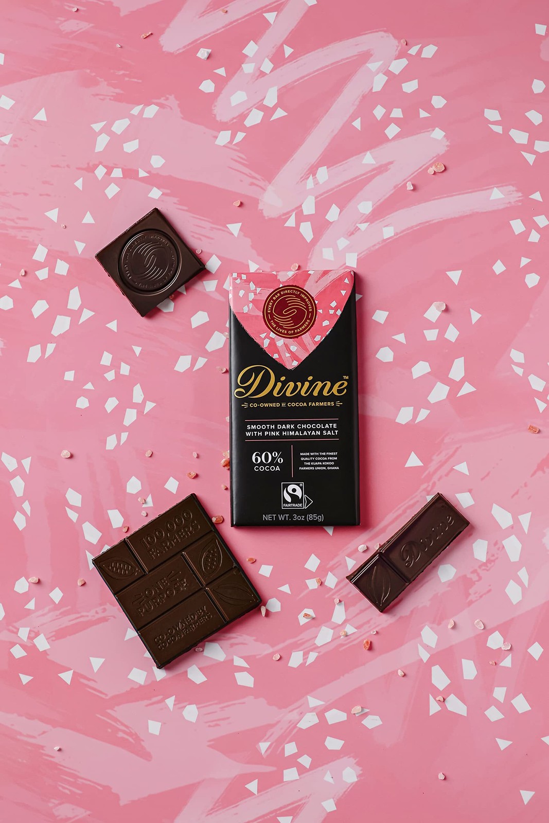 11/26 12 Bars Divine Chocolate Bars – 60% Dark Chocolate with Pink Himalayan Sal