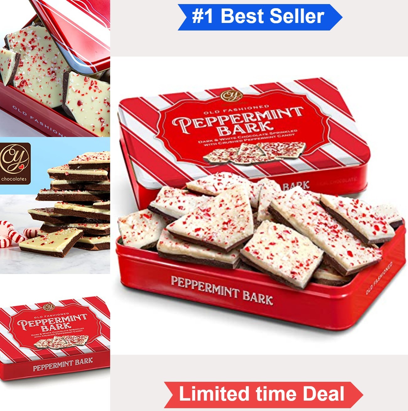 Handmade Chocolate Peppermint Bark 1 Pound Tin Dark White Chocolate Candy Gift