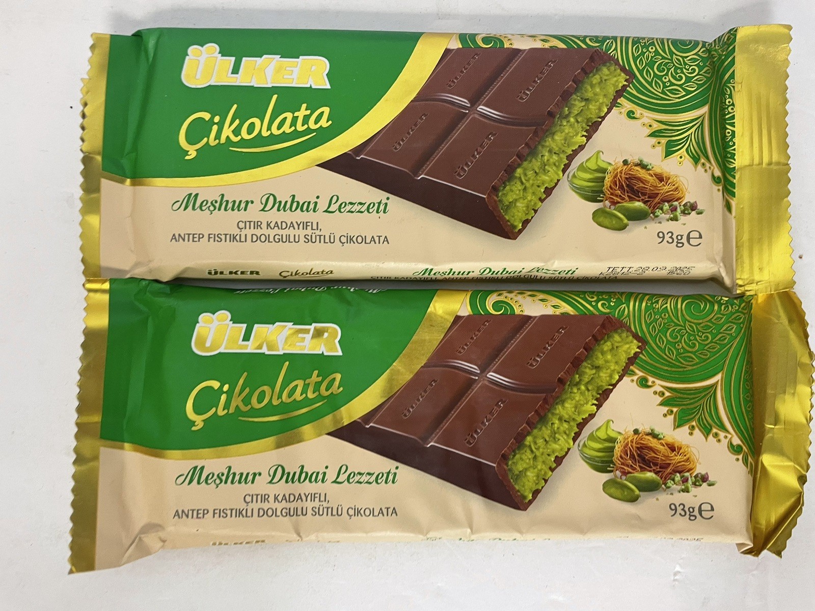 2x Ulker Dubai Pistachio Bar 93g Pistachio Filled Milk Chocolate Crispy Kataif