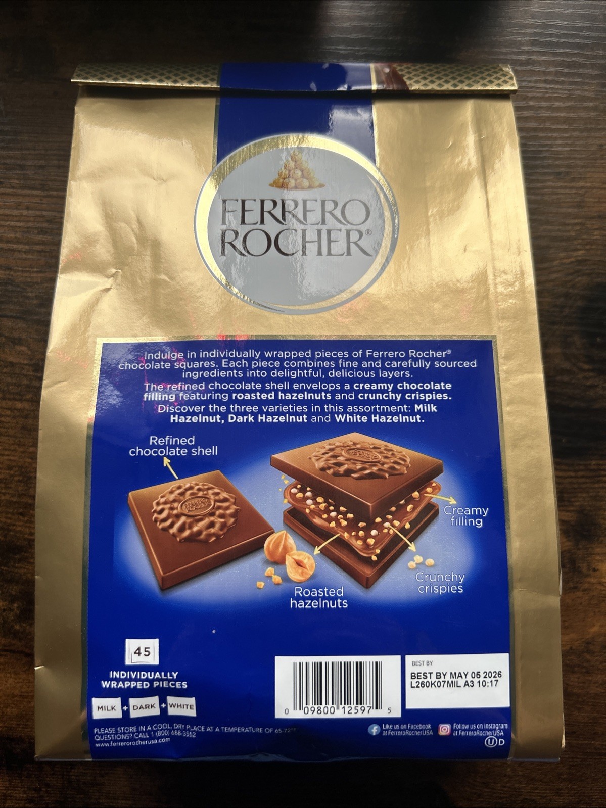 Ferrero Rocher Assorted Chocolate Squares, Hazelnut Crunchy Crispies 16.6 Oz