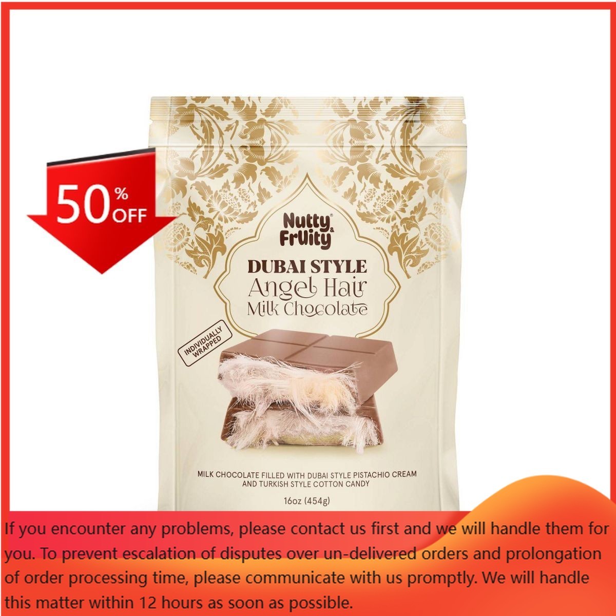 Nutty and Fruity Dubai Angel Hair Milk Chocolate Bar – 16oz/15ct