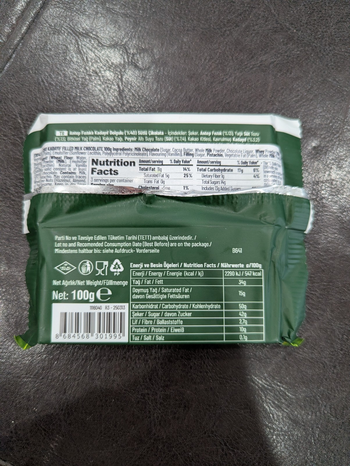 BOLCI : 100g DUBAI CHOCOLATE PISTACHIO KADAYIF FILLED MILK CHOCOLATE