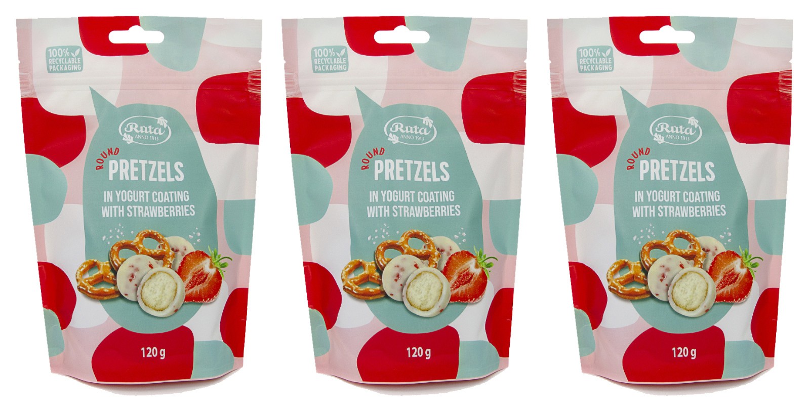 3 RUTA Round Pretzels in Yogurt & Strawberry Coating Dragee Candy 120g 4.2oz