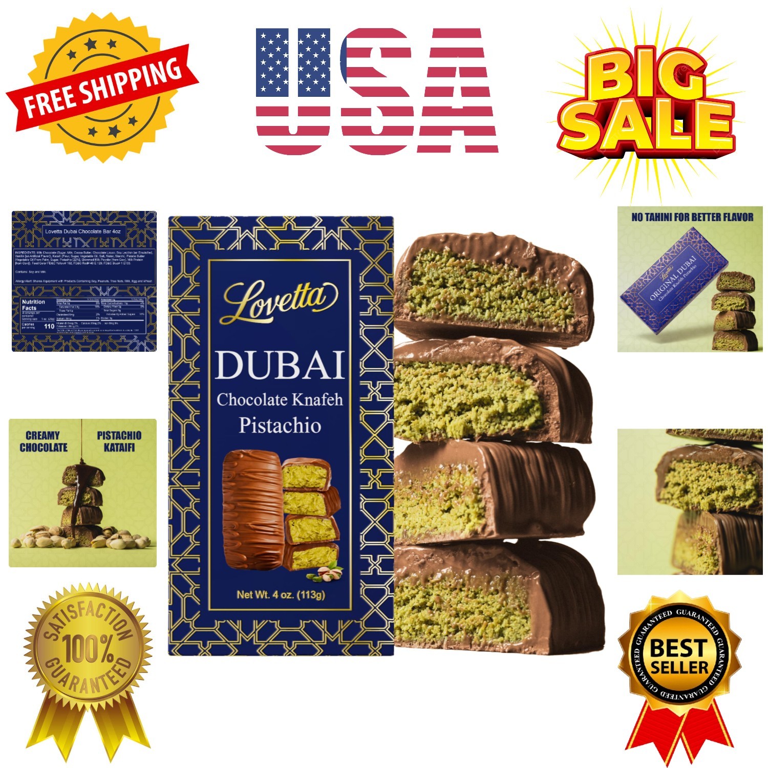 Lovetta Dubai Chocolate Bar Pistachio Knafeh – Luxury Rich Milk Chocolate, In…