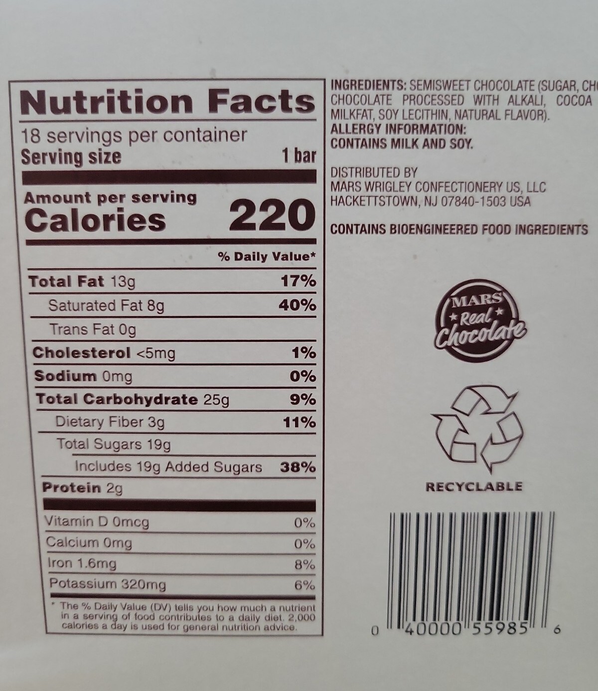 DOVE Dark Chocolate Silky Smooth Singles Size Candy Bar Box of 18pks 1.44oz.