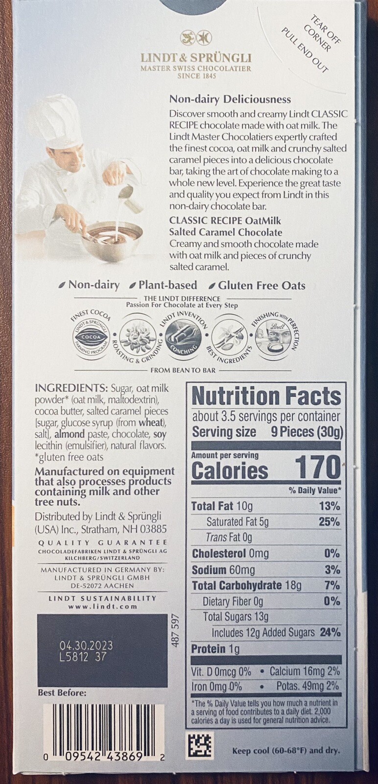Lindt classic NON DAIRY OatMilk Salted Caramel Chocolate Bar 3.5oz Plant Based