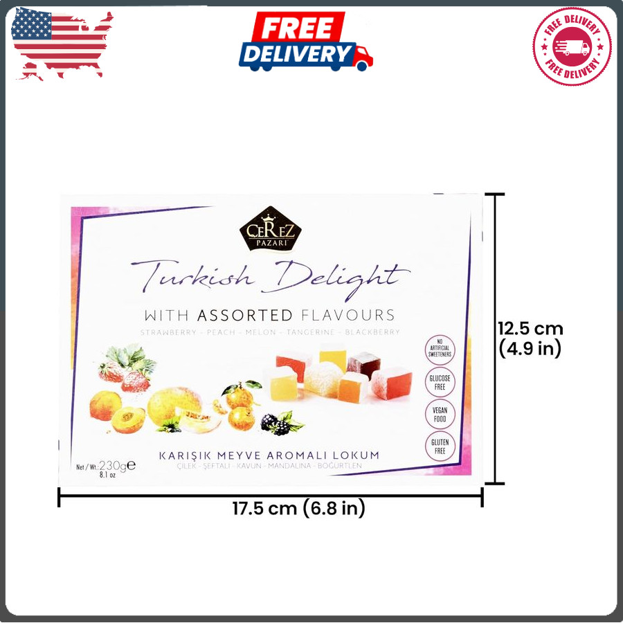 Cerez Pazari Turkish Delights, Assorted Vegan Candy, No Nuts, 8.1 Oz Gift Box