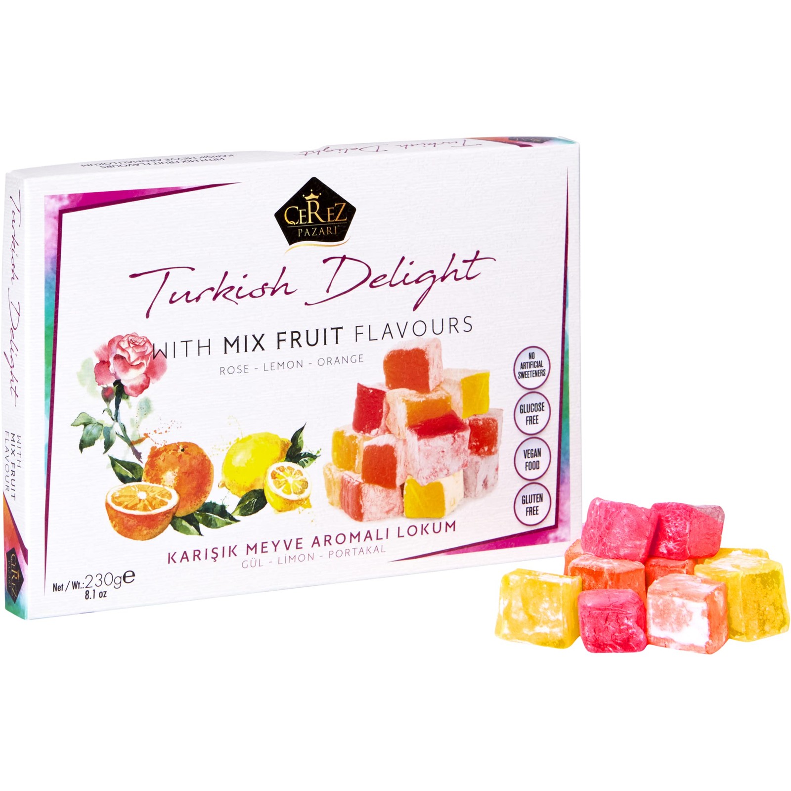 Cerez Pazari Turkish Delight with Rose, Orange and Lemon Mix Flavours 8.1 Oz …
