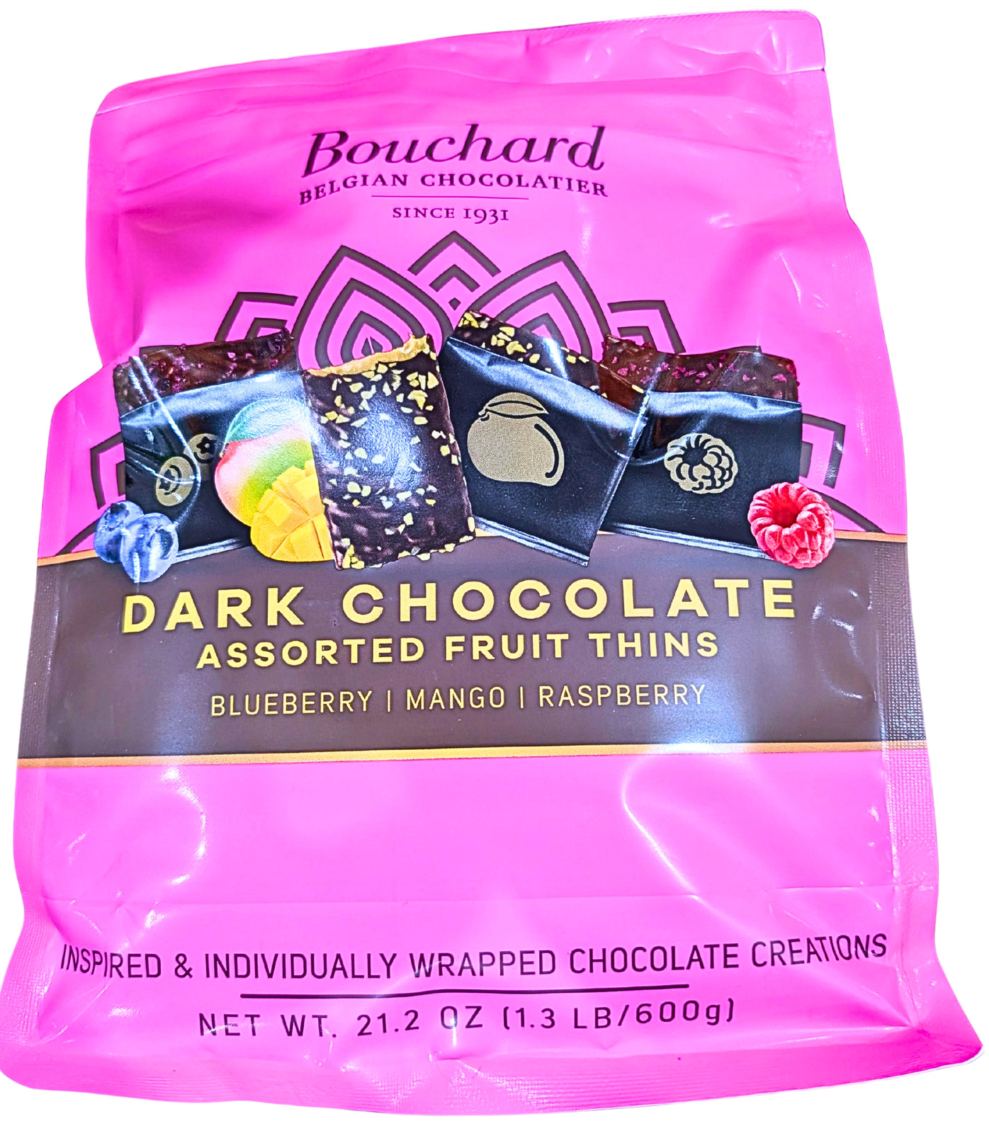 Bouchard Dark Chocolate Assorted Fruit Thins 21.2 Oz Bag EXP 12/2026