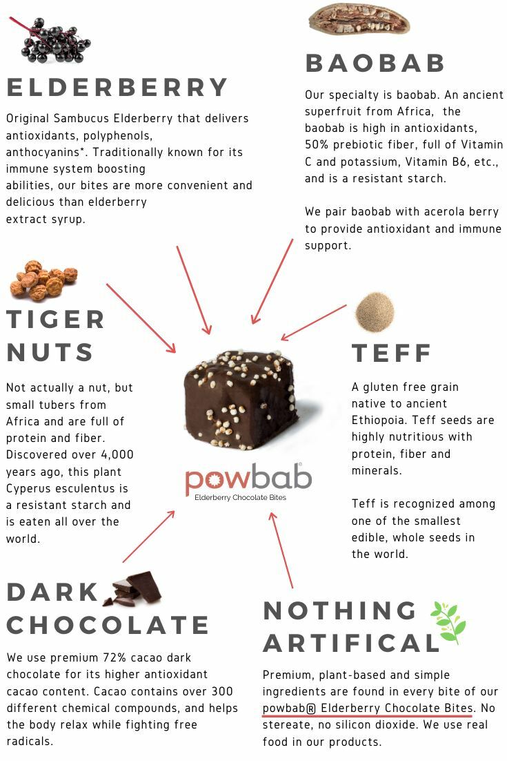 powbab Elderberry Chocolate Bites. Organic Sambucus Elderberry. 33% Less Sugar