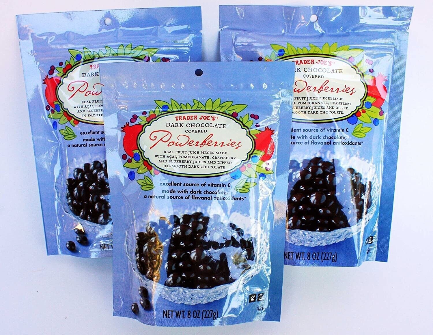 3 Packs Trader Joe’s Dark Chocolate Covered Powerberries 8 oz Each Pack