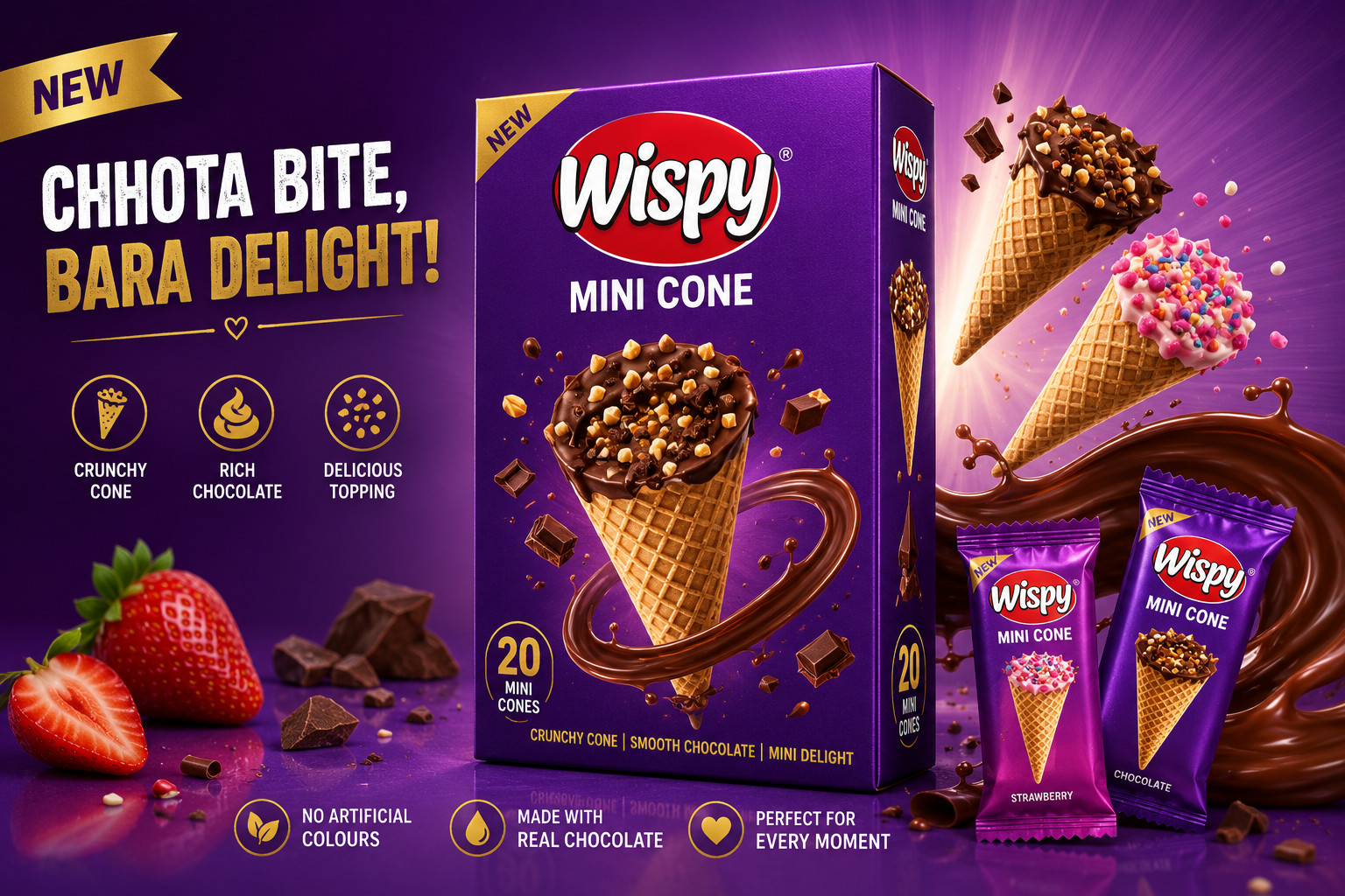 Pack of 6 Hilal Wispy Mini Cones Chocolate Crispy Wafer Snack 20 Pieces Box