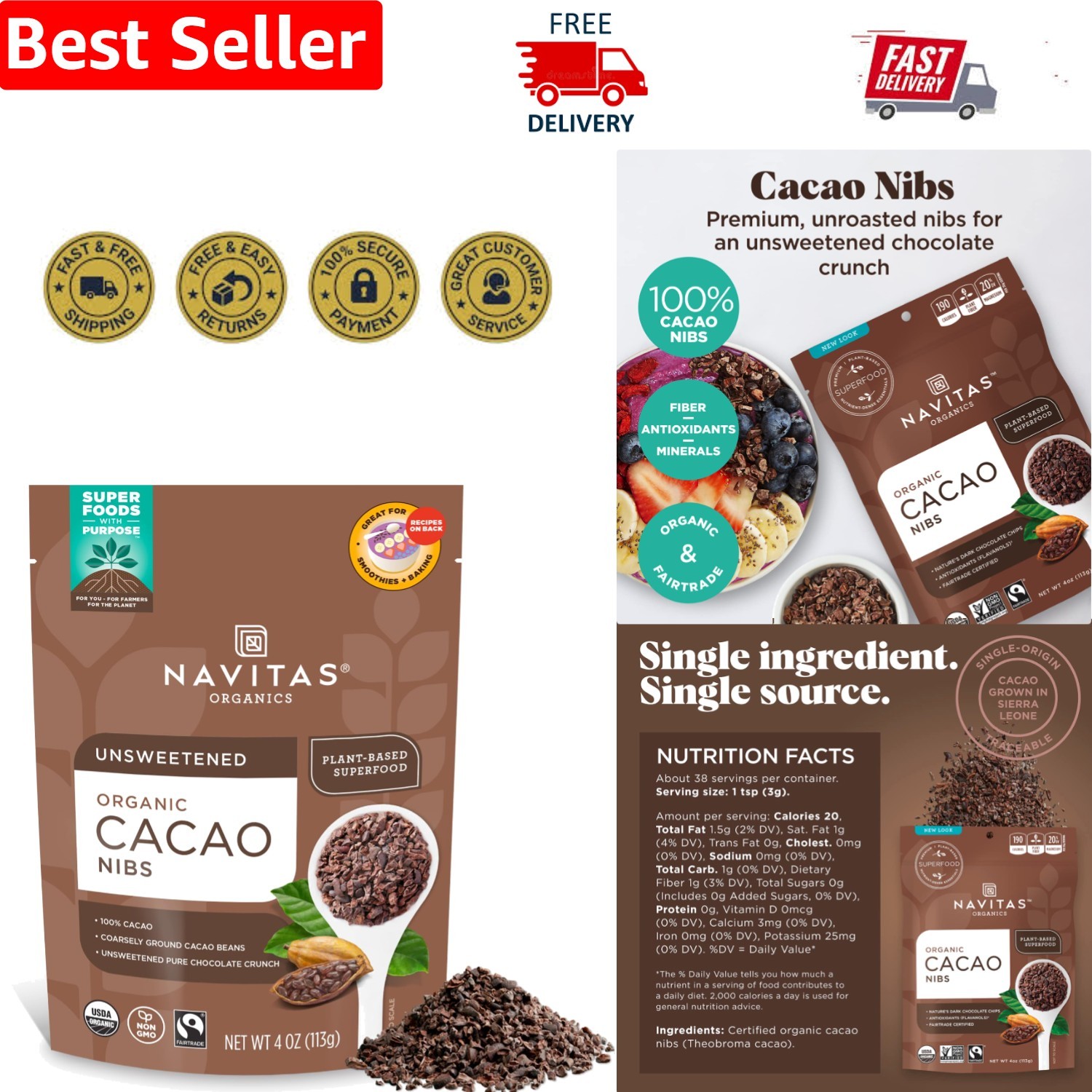 Crunchy Organic Cacao Nibs – Gluten-Free Dark Chocolate, 4oz for Healthy Treats
