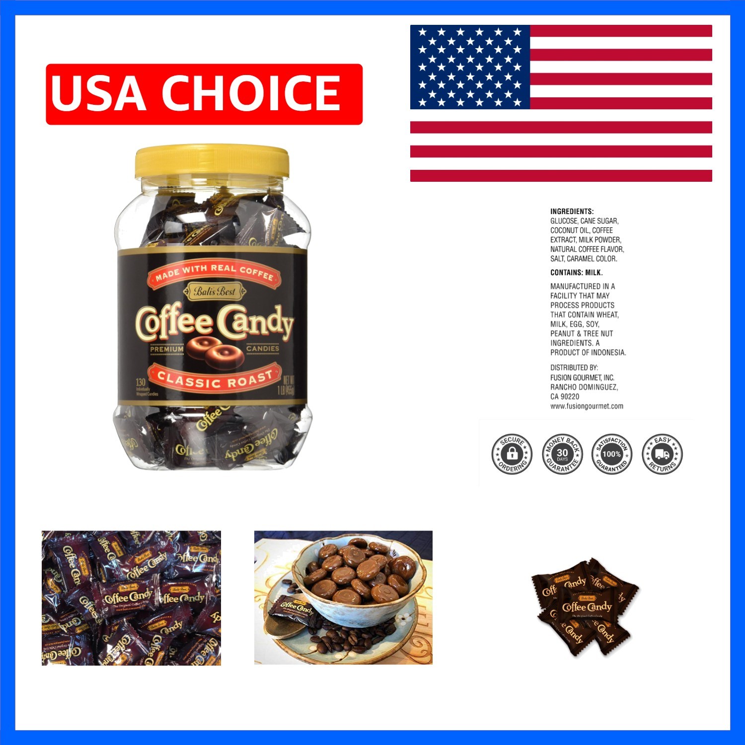 Coffee Candy, 1 Pound Jar, Individually Wrapped Hard Candy, Made with Real Su…