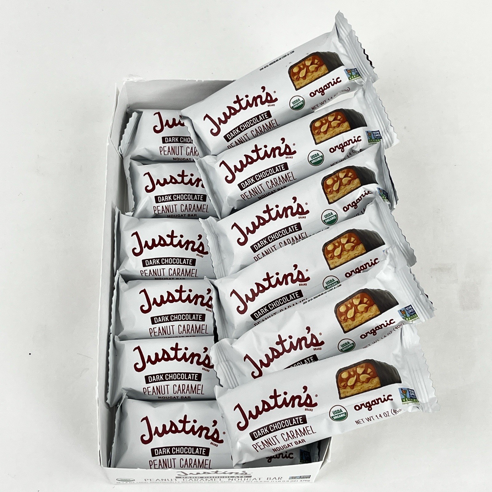 Justins Organic DARK Chocolate Nougat Peanut Caramel-12 Bars-B.B.Date: 6/18/2026