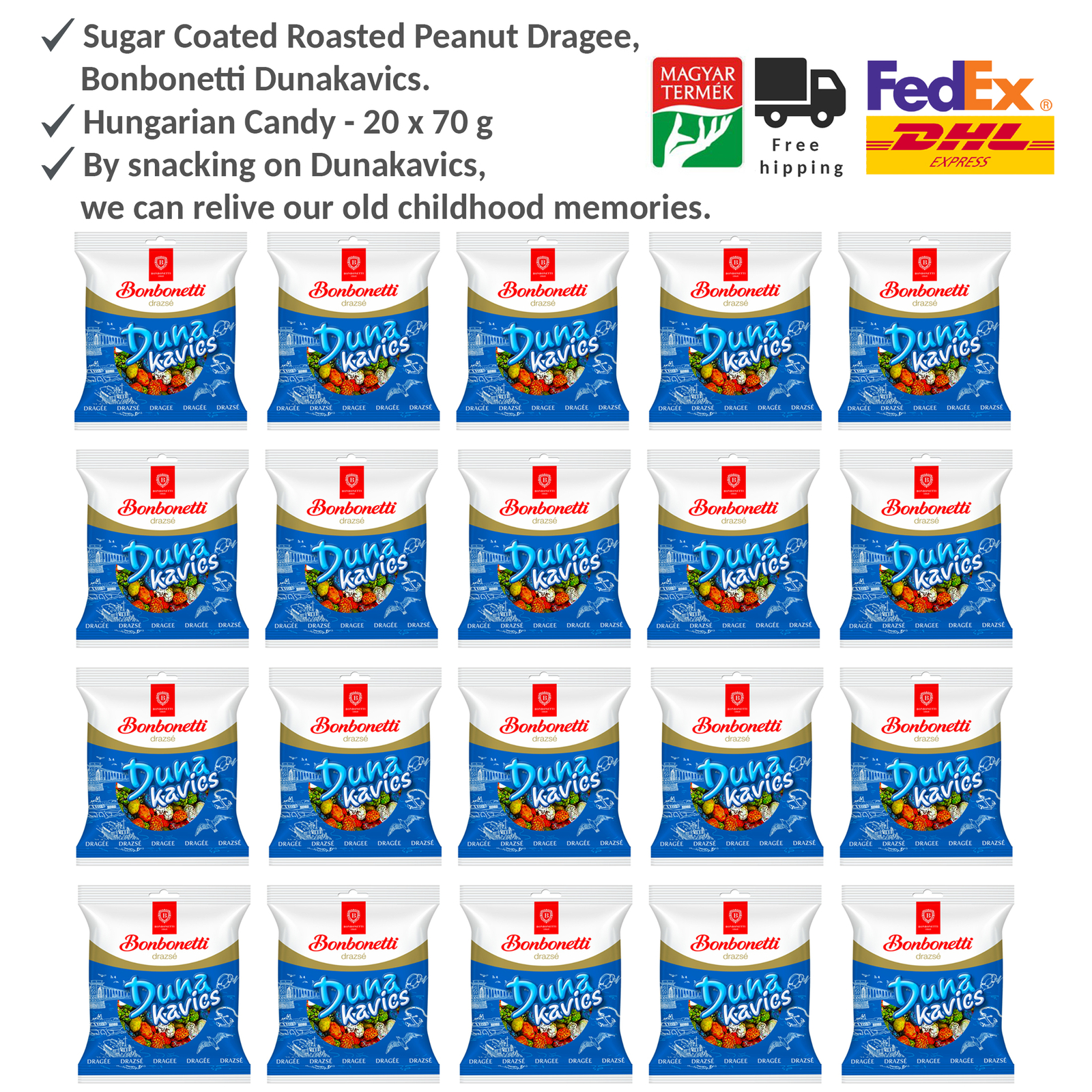 Sugar Coated Roasted Peanut Dragee – Dunakavics – Hungarian Retro Candy 20x70g