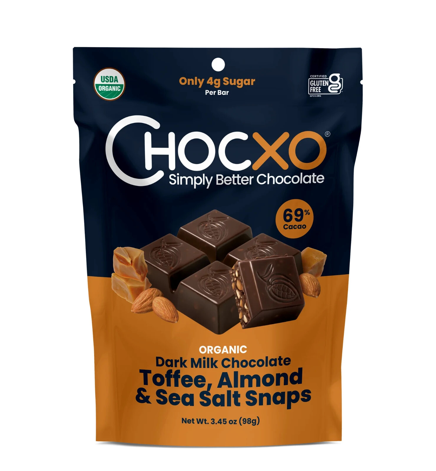 2 Bags of Chocxo Dark Milk Chocolate Toffee, Almond & Sea Salt Snaps 98g Each