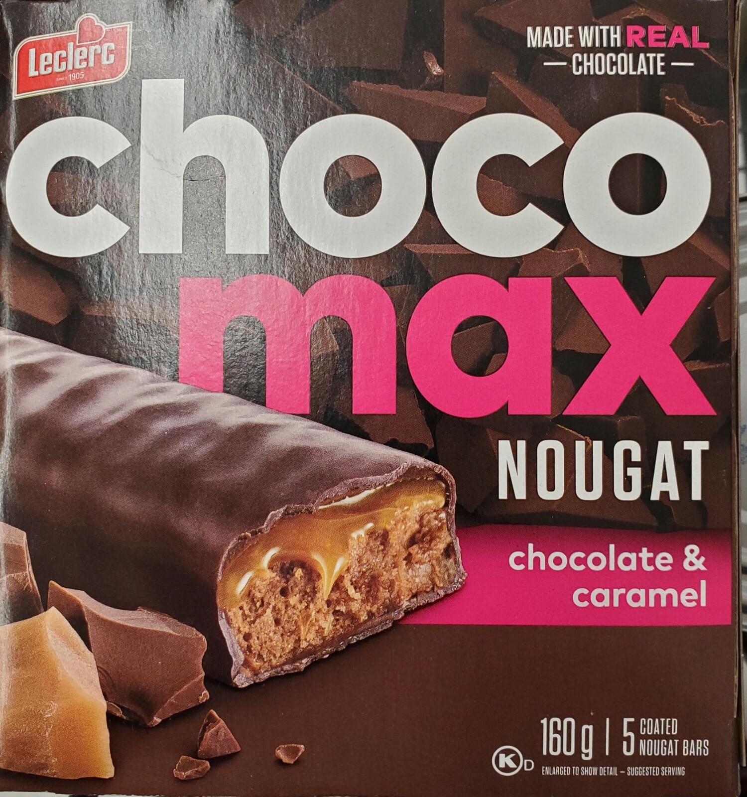 4 boxes of Leclerc CHOCO MAX NOUGAT Chocolate & caramel 160g / 5 bars per box