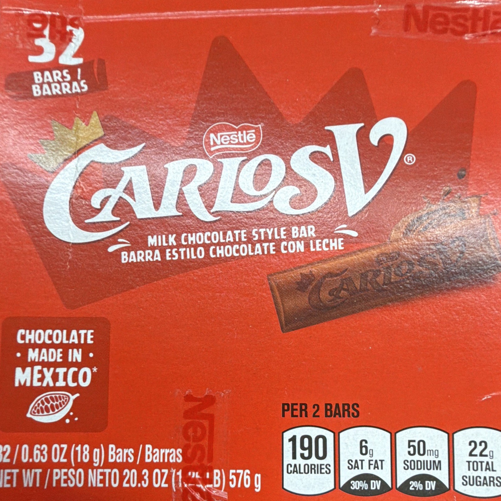 Nestlé Carlos V Milk Chocolate Bars Chocolate Flavor 32 Pack 576g Box Mexico