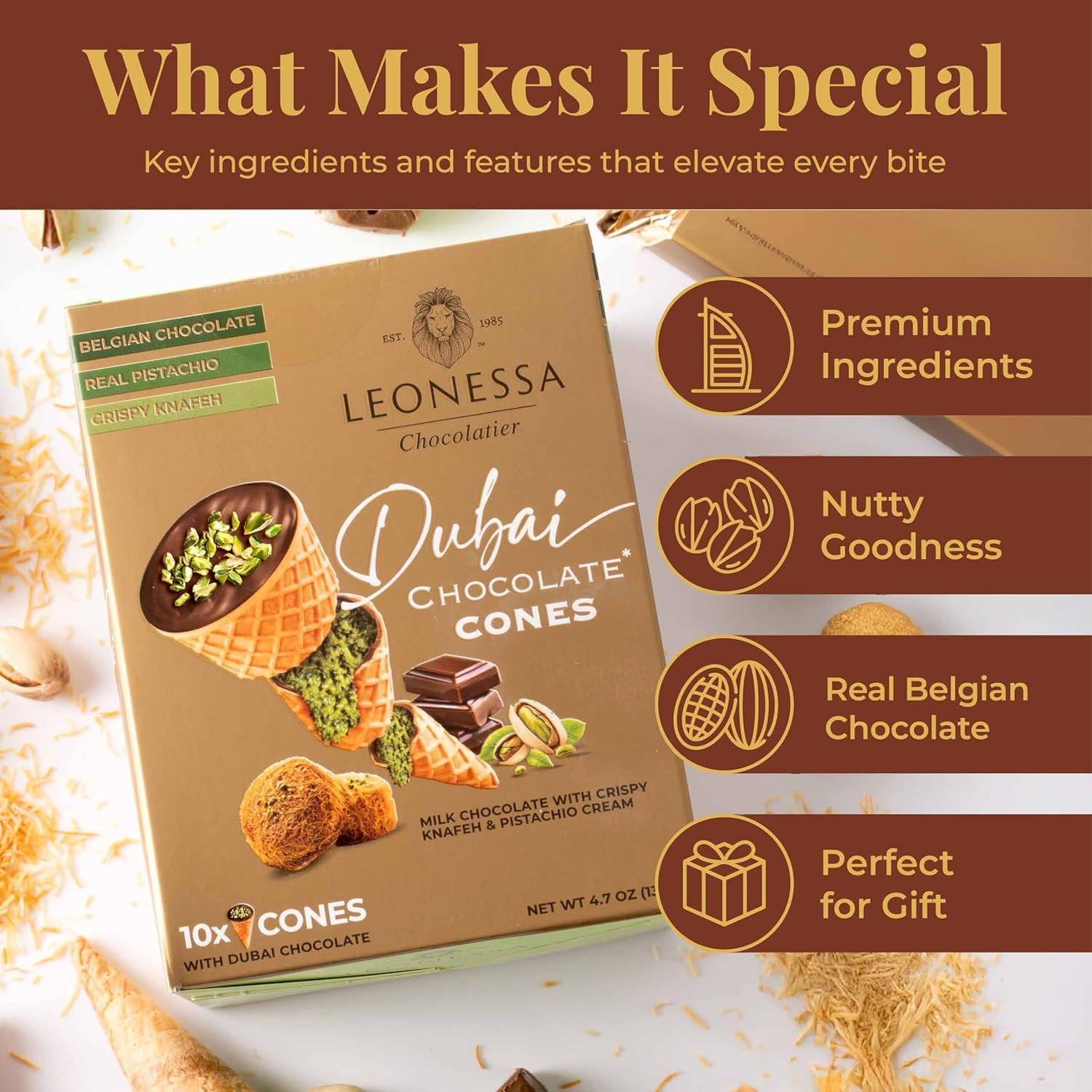 Leonessa Dubai Chocolate Cones with Pistachio Kunafa | Made with Premium Belgian