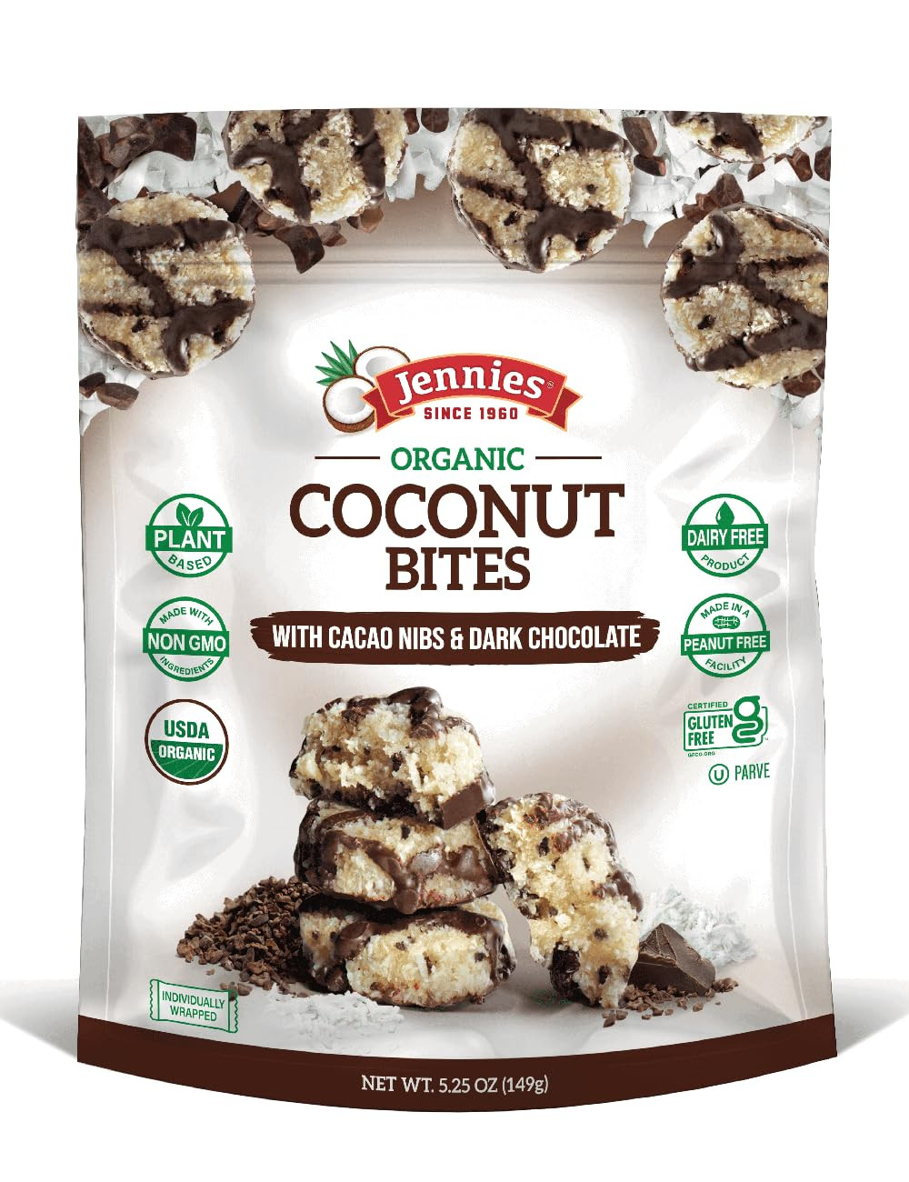 Organic Coconut Bites with Cacao Nibs and Dark Chocolate, 5.25Oz | Gluten Free |