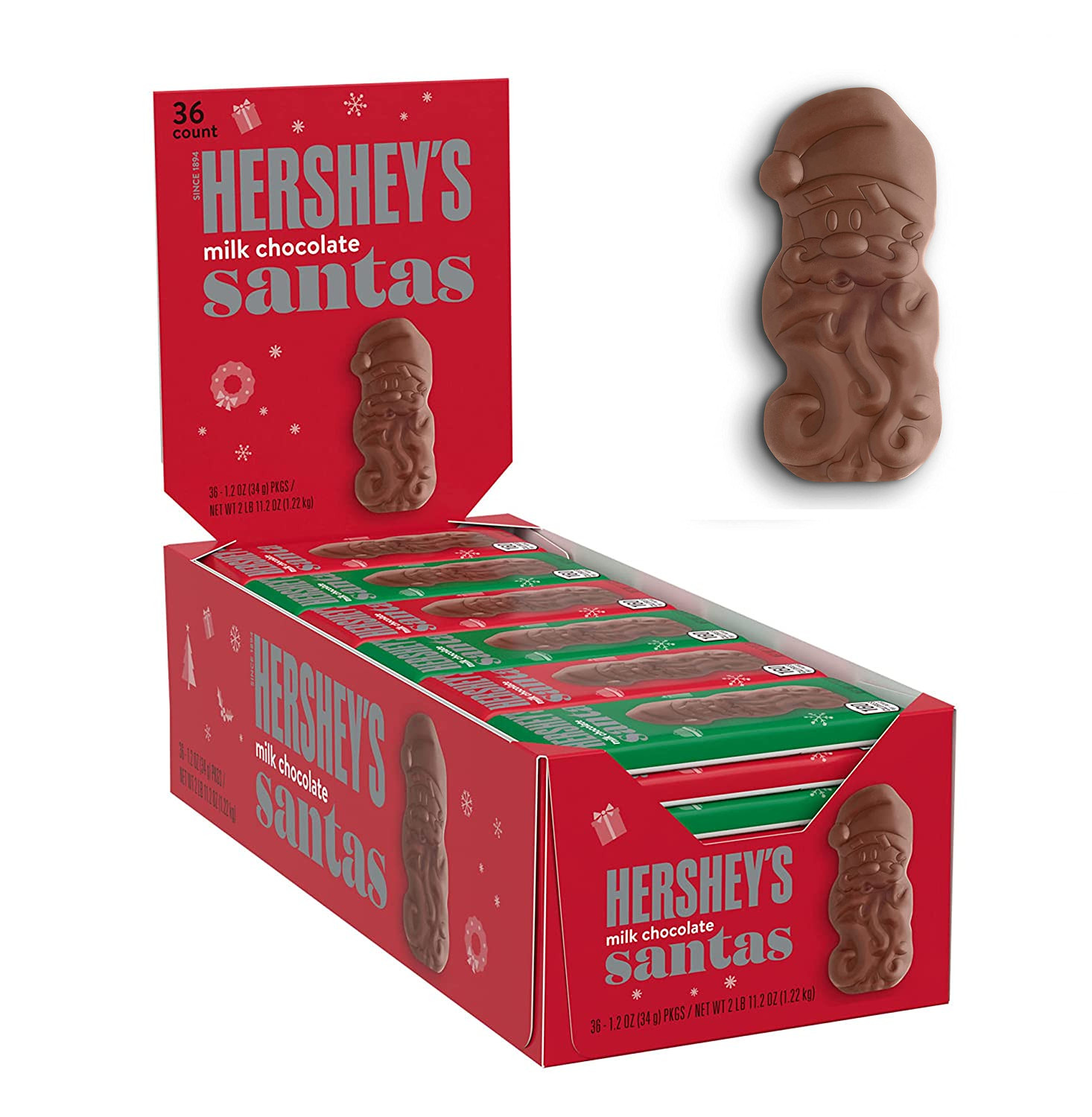 HERSHEY’S Milk Chocolate Santa Candy, Bulk, 1.2 oz Bars (36 Count) Limited Time