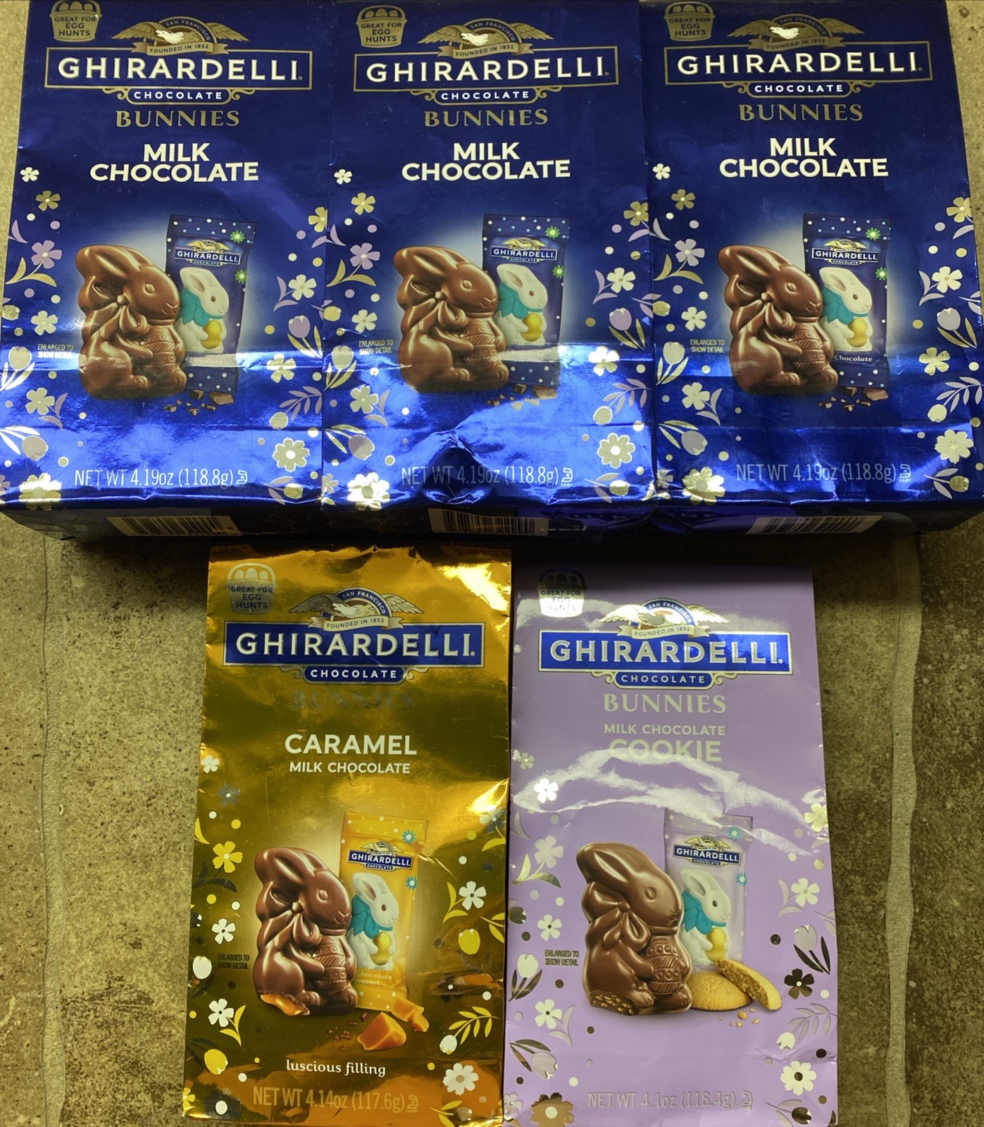 5 BAGS GHIRARDELLI Milk Chocolate Bunnies Caramel, Cookie