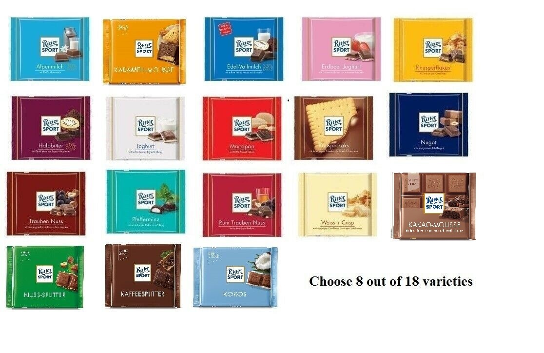 8 x 100g Ritter Sport Chocolate Bar Different Flavors fresh from Germany NEW