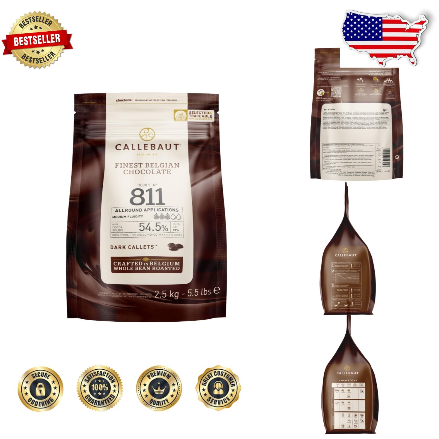 Belgian Dark Chocolate Callets 54.5% Cocoa, 5.5 Lbs, Semisweet Baking Chips
