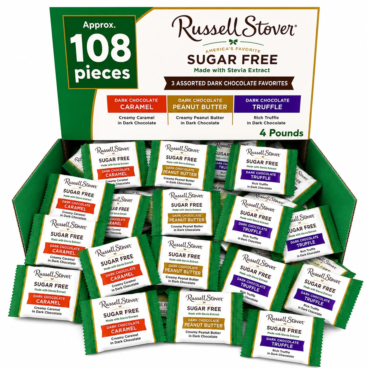 Russell Stover Sugar-Free Dark Chocolate Mix, Bulk Wrapped Candy Bars (4 Pounds)