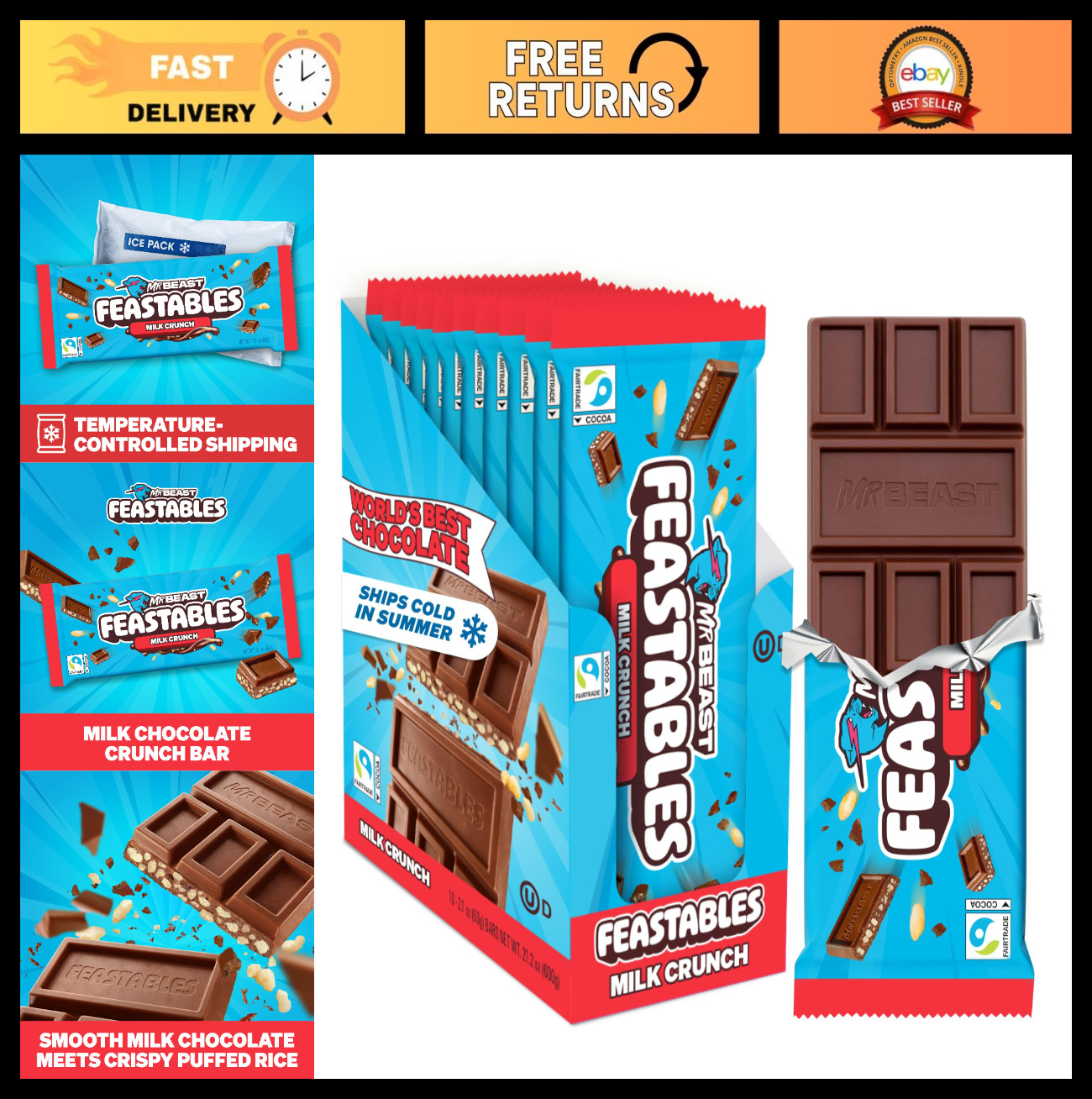 Milk Chocolate Crunch Bars – King Size 10 Count | Fairtrade, No Additives, Party
