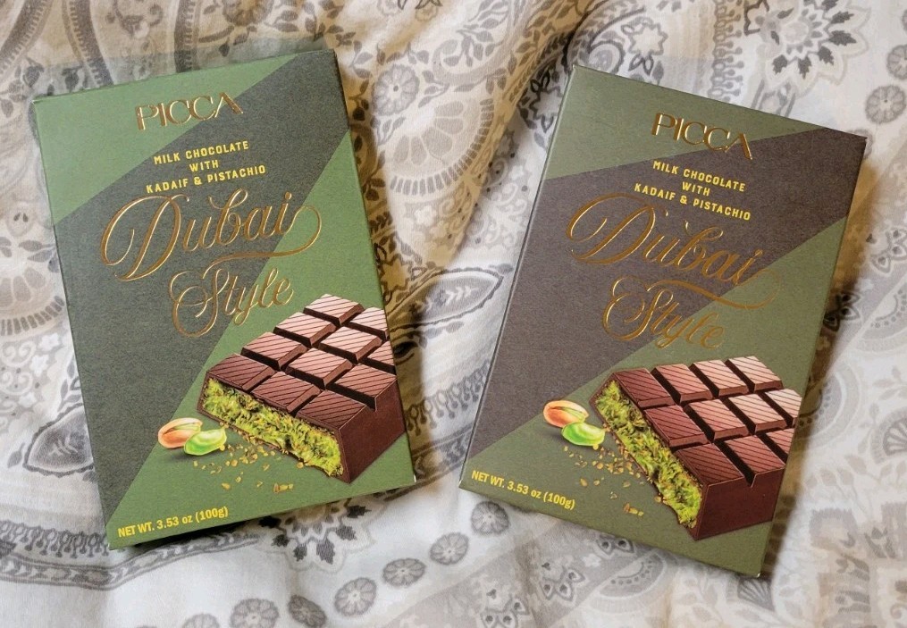 PICCA DUBAI STYLE CHOCOLATE BARS MILK CHOCOLATE KADAIF PISTACHIO 3.53oz Bar x 2