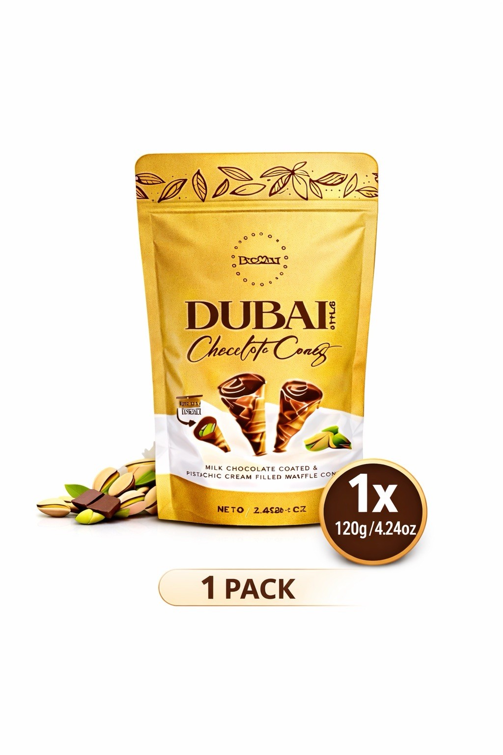 1 PCS BeeMax Dubai Style Chocolate Waffle Cones Milk Chocolate&Pistachio Cream